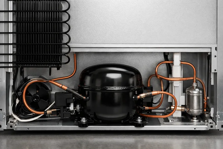 مسیر لوله کشی و اجزای اصلی سیستم سرمایش یخچال در نمای پشت دستگاه