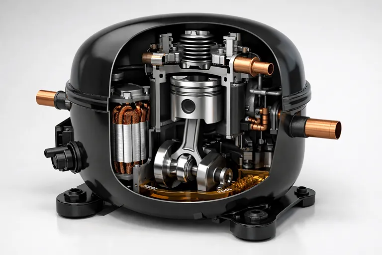 نمای داخلی کمپرسور پیستونی یخچال و ساختار پیستون و سیلندر