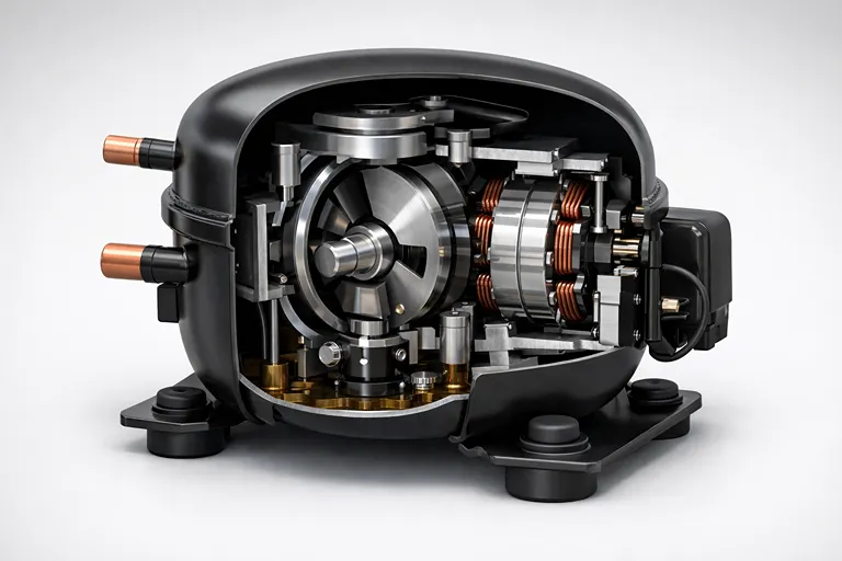 نمای داخلی کمپرسور روتاری یخچال و مکانیزم چرخشی آن