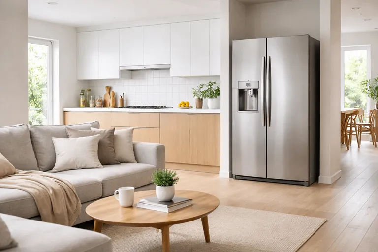 یخچال در آشپزخانه اپن؛ تصویر مفهومی صدا و تجربه روزمره استفاده