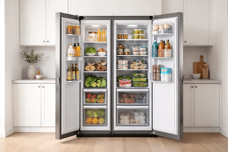 نمای داخلی یخچال ساید بای ساید با تقسیم بندی عمودی یخچال و فریزر